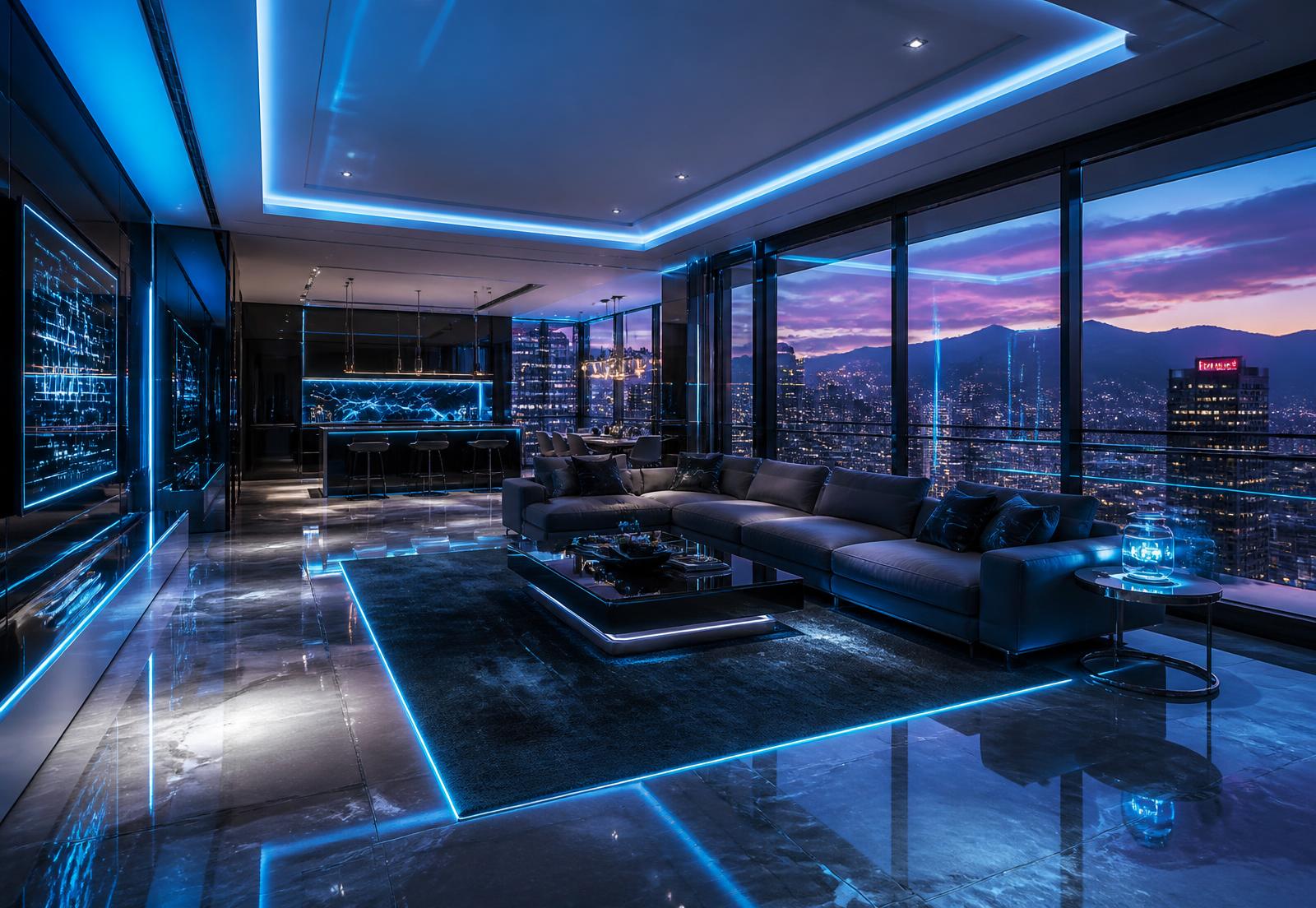 Immaculate modern Denver living room with glowing accent lighting